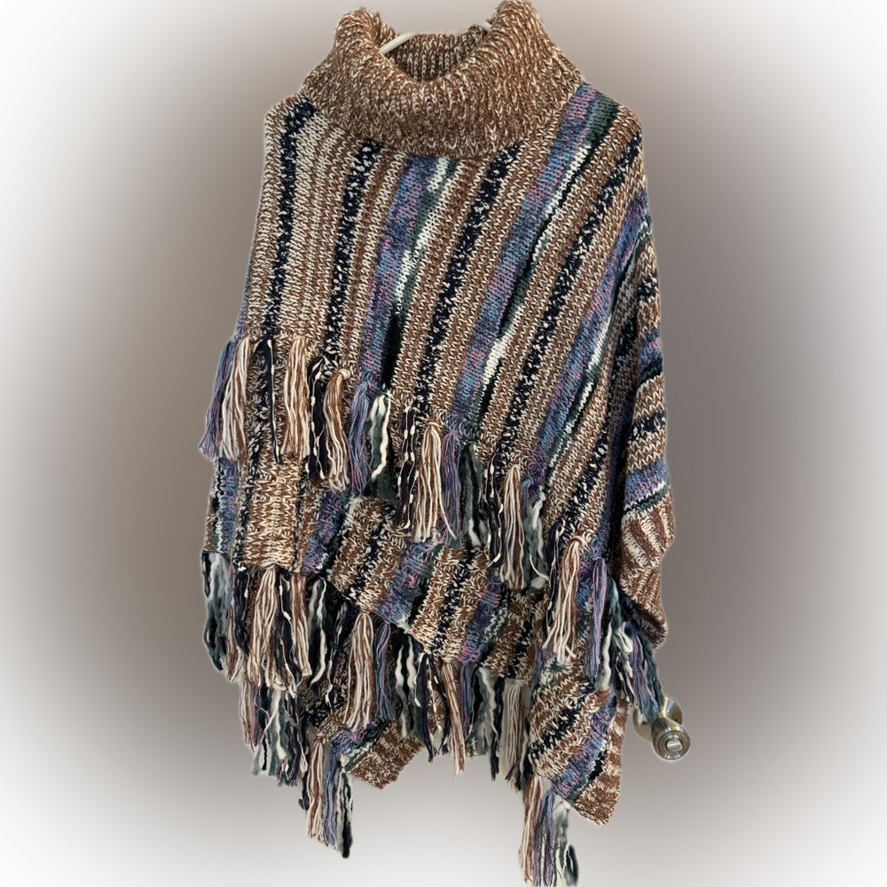Anthropologie Multicolor Knit Fringe Poncho One Size